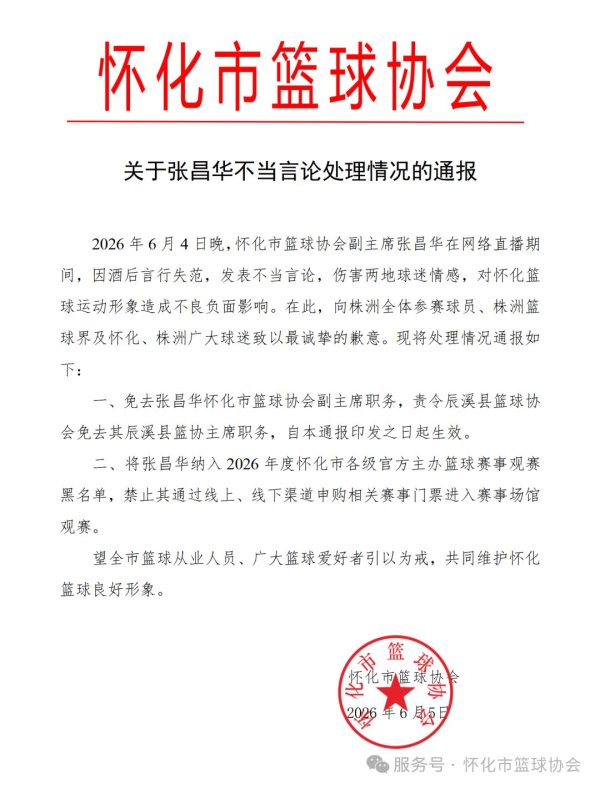 世界杯全球運動用品供應(yīng)平臺 湖南懷化：對張昌華免職、拉黑